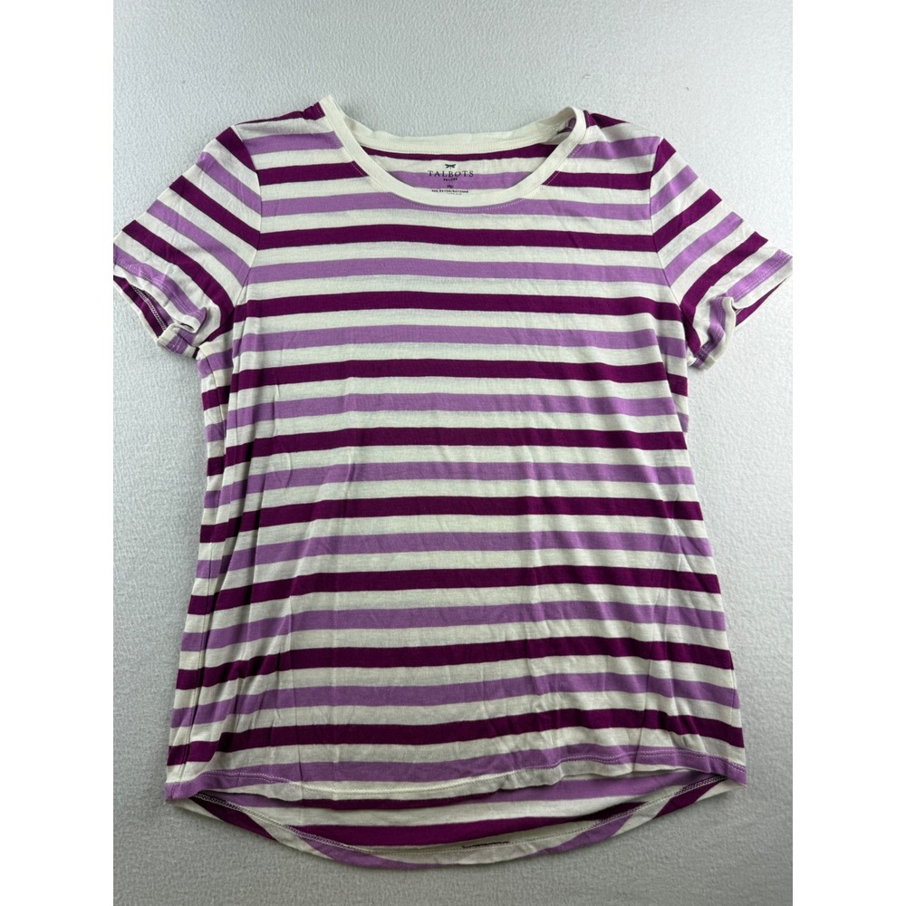 Talbots Petites Purple Striped Rayon Linen Blend Short Sleeve Tee Shirt MP